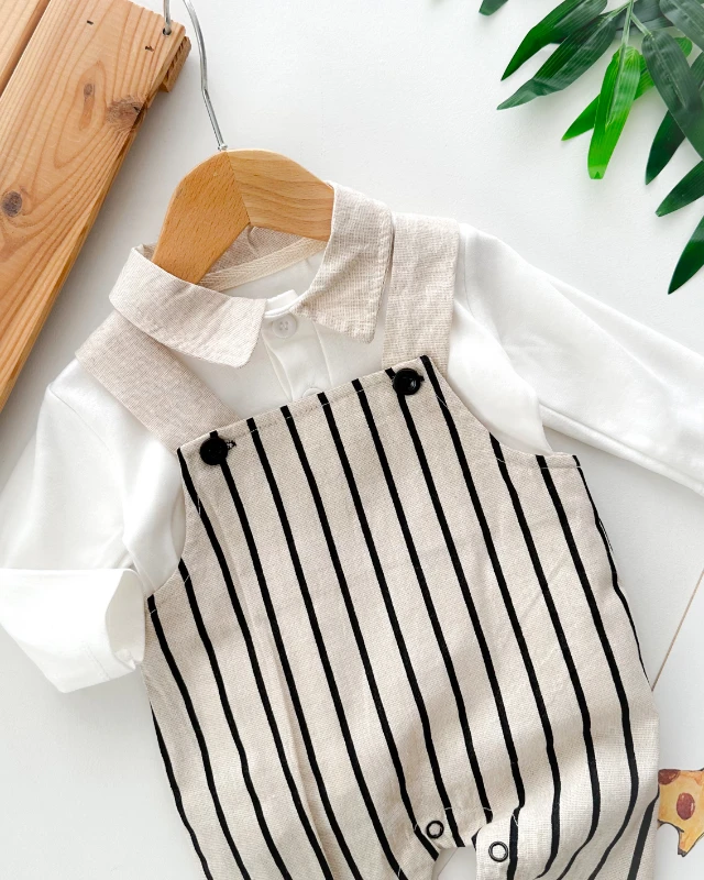 Dikey çizgi desenli gömlek yaka badili mevsimlik salopet set 