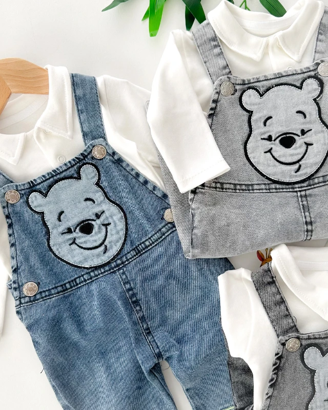 Pooh my first friend nakışlı gömlek yaka badili 2 parça salopet set