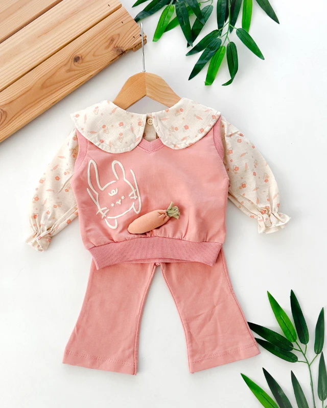 3D havuç kabartmalı tavşan baskılı bebe yaka gömlekli mevsimlik 2 parça takım