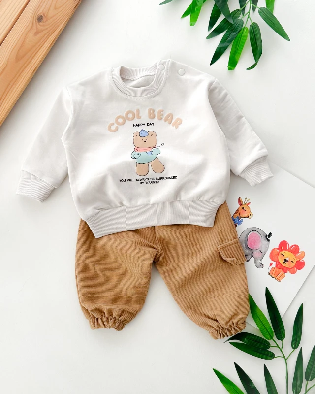 Color bear happy day baskılı omuzdan çıtçıtlı mevsimlik 2 parça takım