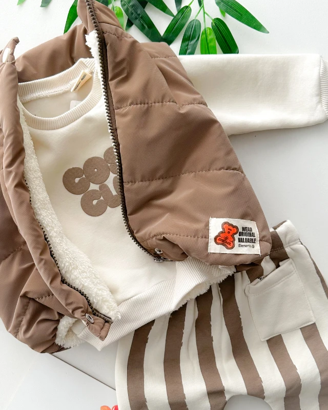 Cosy club baskılı içi kürk yelekli şardonlu kışlık 3 parça takım