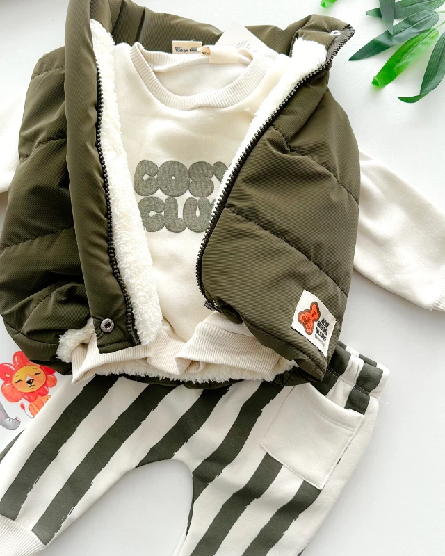 Cosy club baskılı içi kürk yelekli şardonlu kışlık 3 parça takım