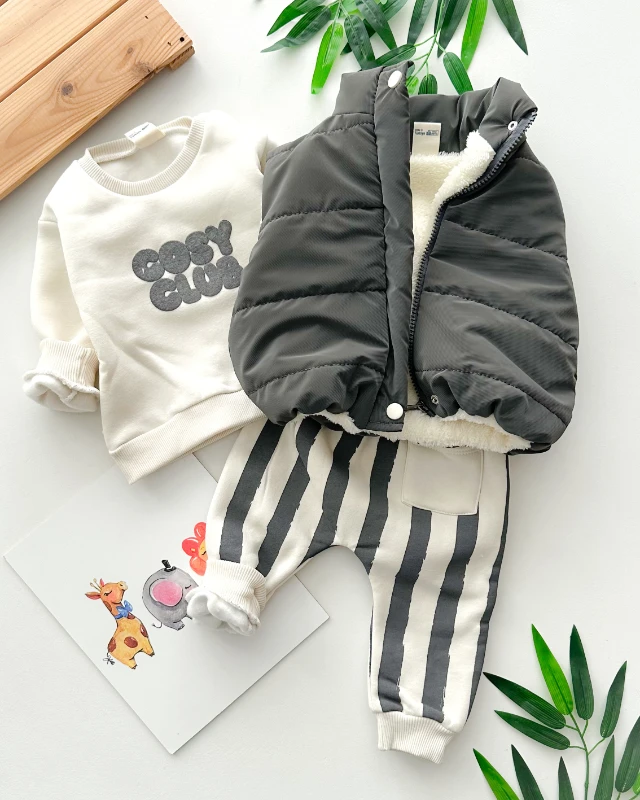 Cosy club baskılı içi kürk yelekli şardonlu kışlık 3 parça takım