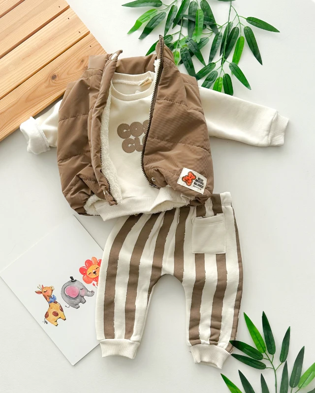 Cosy club baskılı içi kürk yelekli şardonlu kışlık 3 parça takım