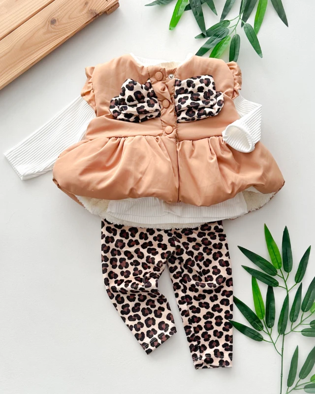 Love and hug leopar fiyonklu içi kürk yelekli kadife taytlı  kışlık 3 parça takım