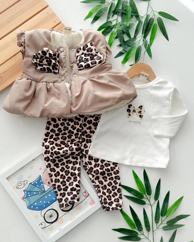 Love and hug leopar fiyonklu içi kürk yelekli kadife taytlı  kışlık 3 parça takım