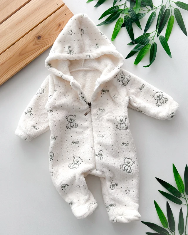 Minik kuş ve ayıcık baskı boydan fermuar kendinden ayaklı kapüşonlu kışlık tulum