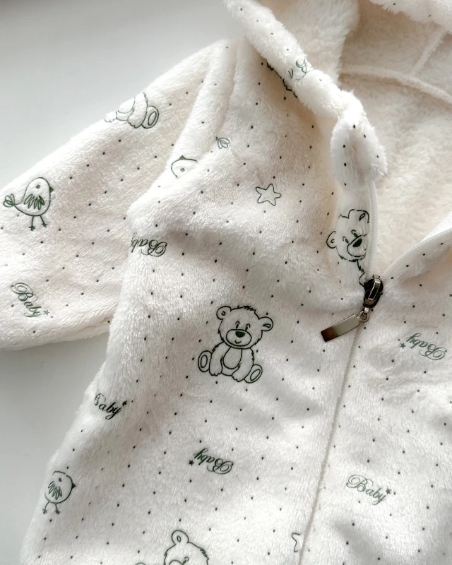 Minik kuş ve ayıcık baskı boydan fermuar kendinden ayaklı kapüşonlu kışlık tulum