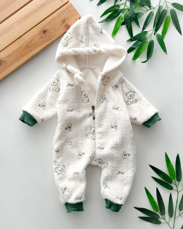 Yeşil  kuş ve ayıcık baskı boydan fermuarlı kapüşonlu kışlık tulum