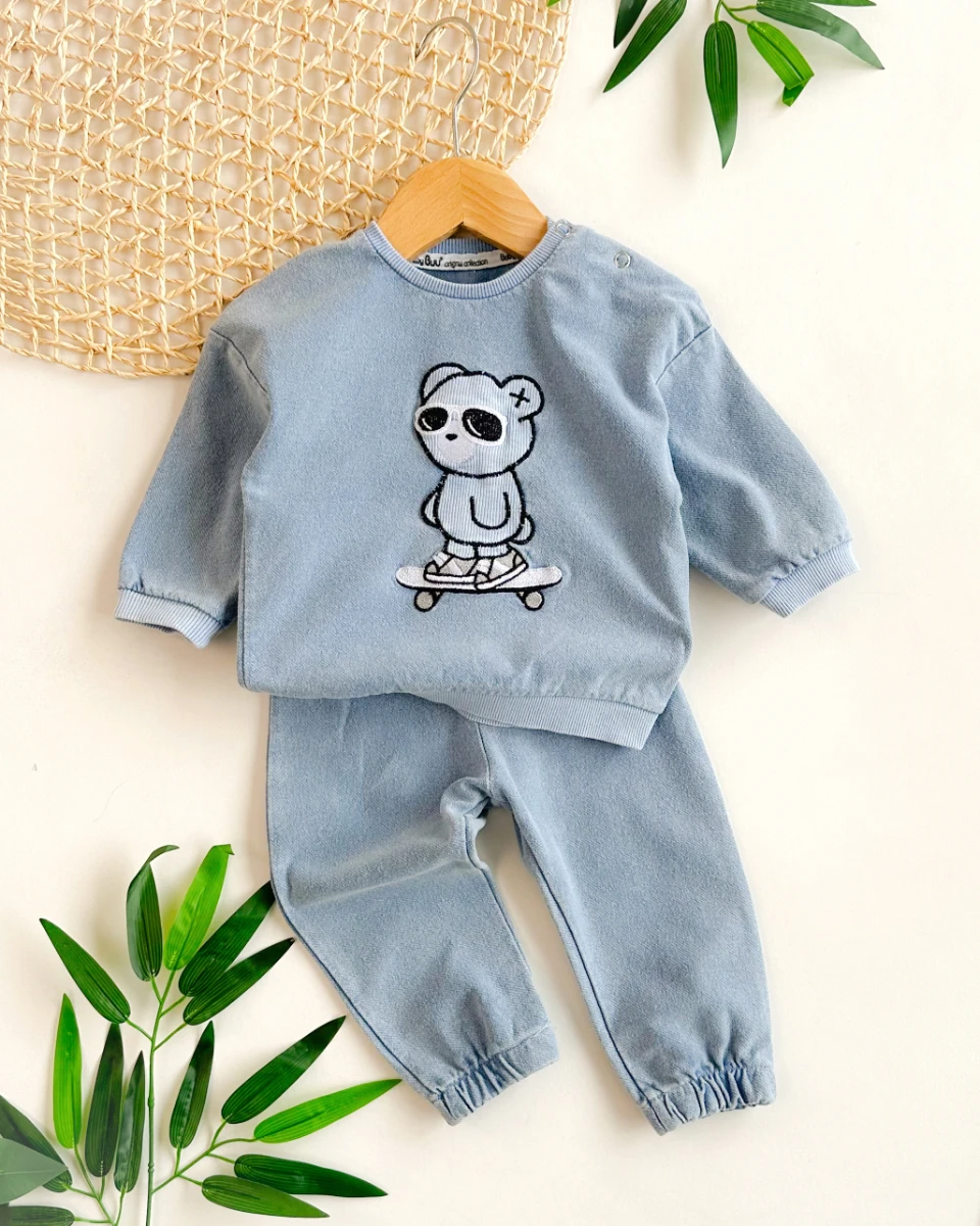 Gözlüklü tarz ayıcık nakışlı omuzdan çıtçıtlı mevsimlik 2 parça takım