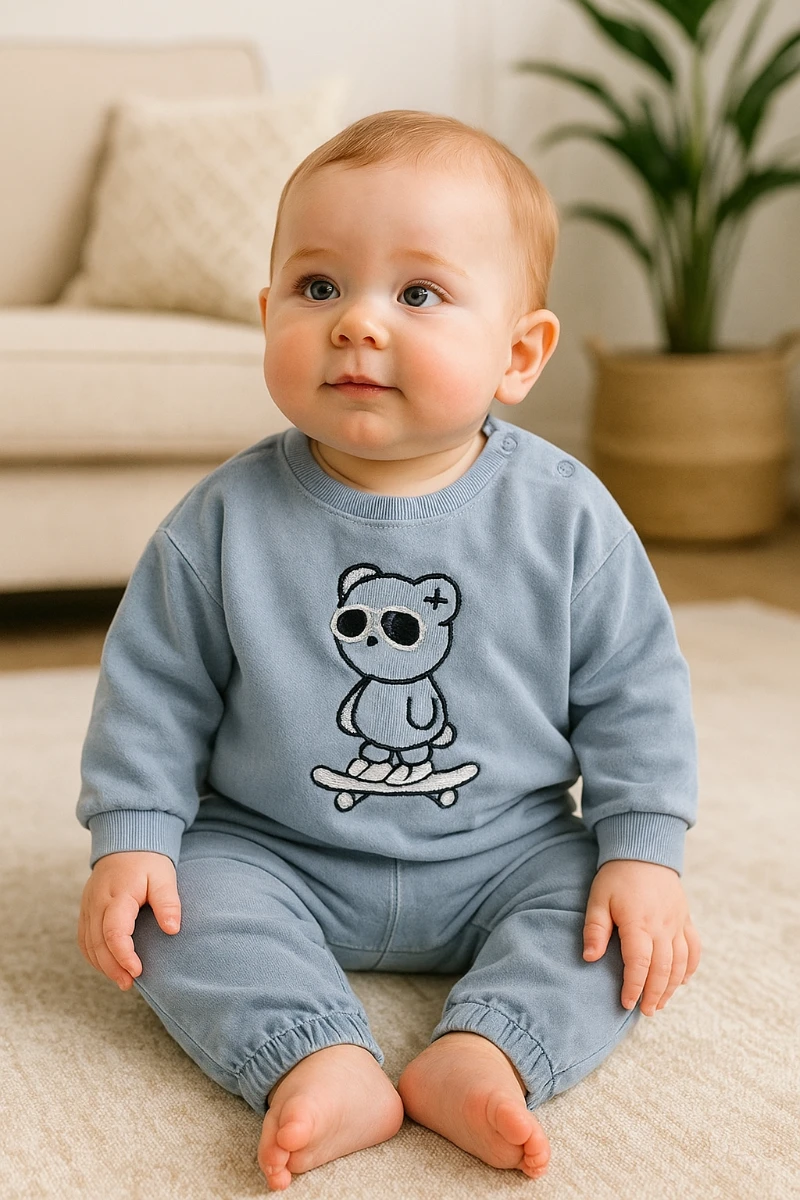 Gözlüklü tarz ayıcık nakışlı omuzdan çıtçıtlı mevsimlik 2 parça takım 