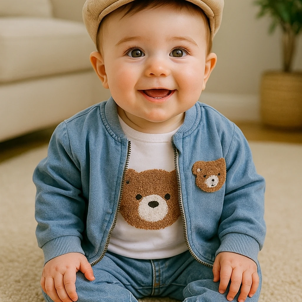 Kahve ayıcık nakışlı fermuar hırkalı mevsimlik 3 parça takım 