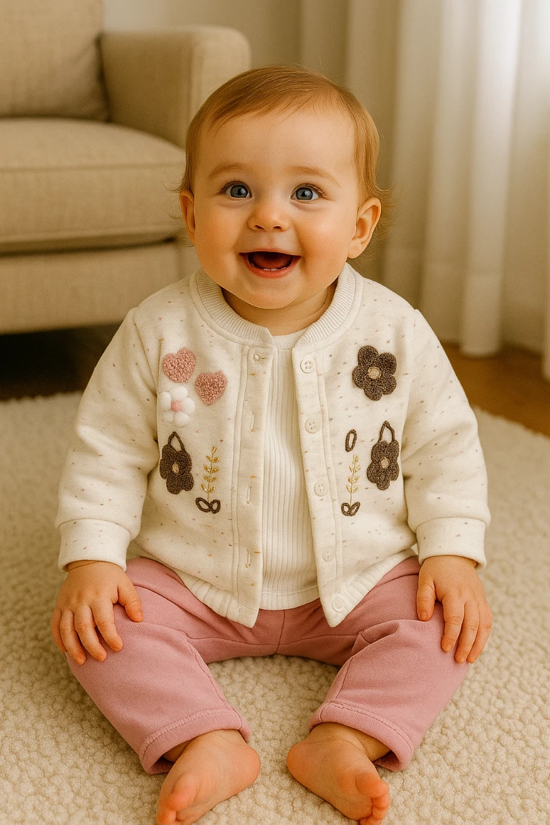 Papatya çiçek kabartmalı taşlı düğme detaylı beli büzgü hırkalı kışlık 3 parça takım