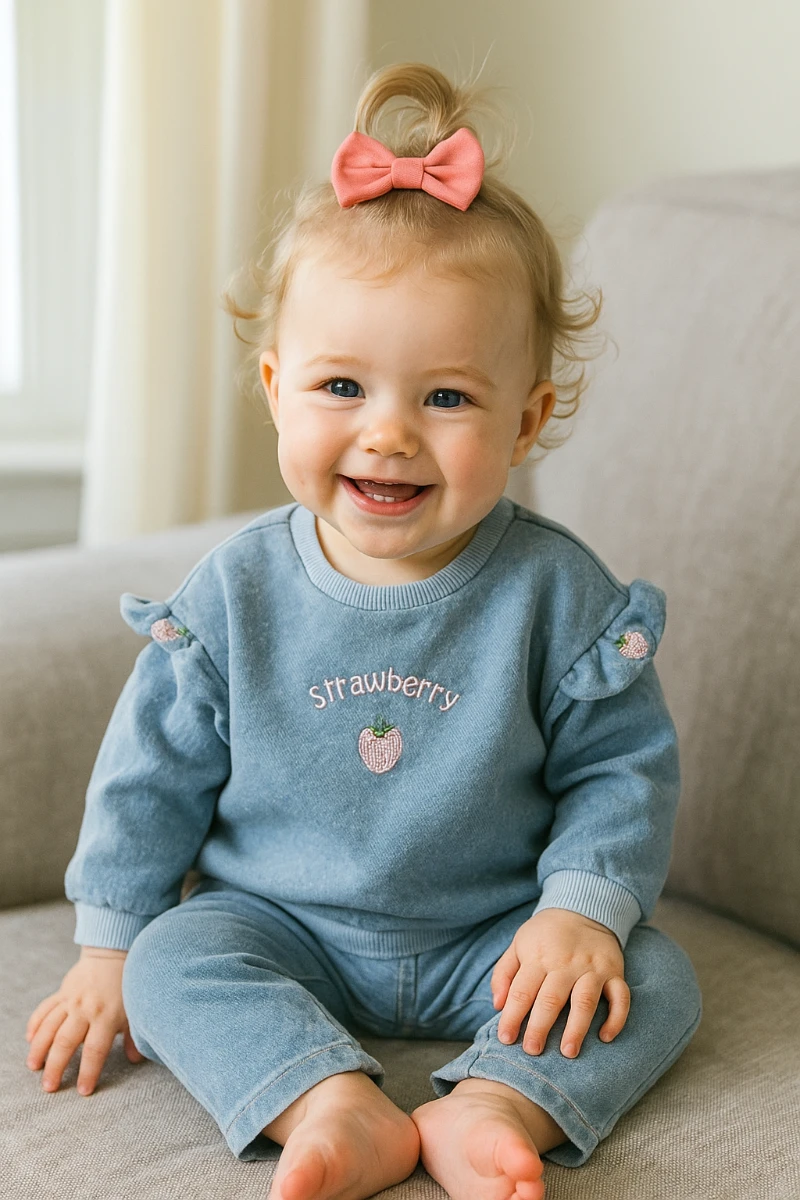 Pembe çilek nakışlı omuzdan çıtçıtlı kot kumaş mevsimlik 2 parça takım 