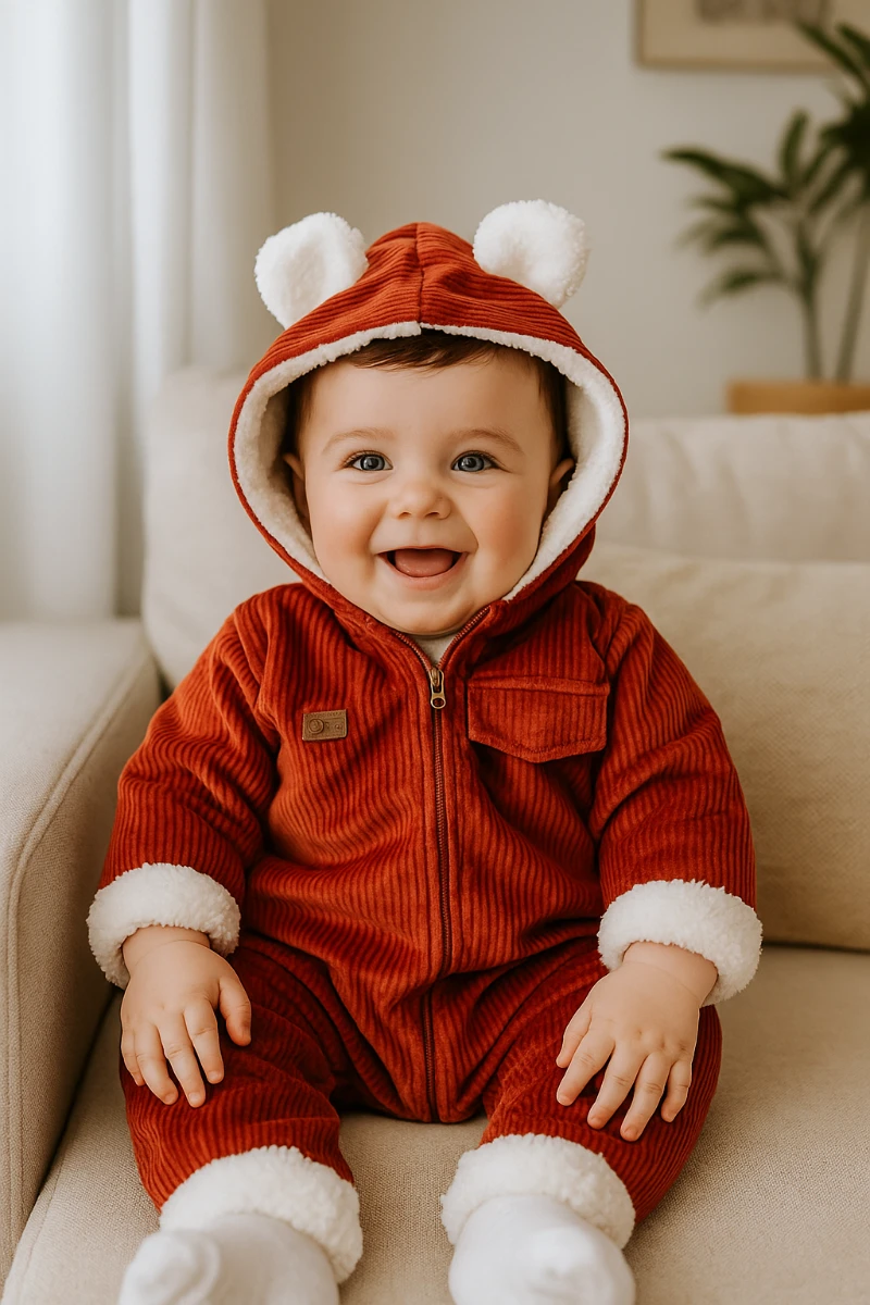 Sahte cep görünümlü dışı kadife içi kürklü kapüşonlu kışlık welsoft tulum