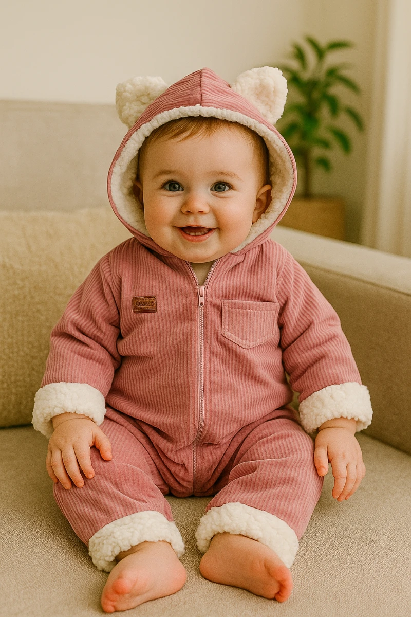 Sahte cep görünümlü dışı kadife içi kürklü kapüşonlu kışlık welsoft tulum