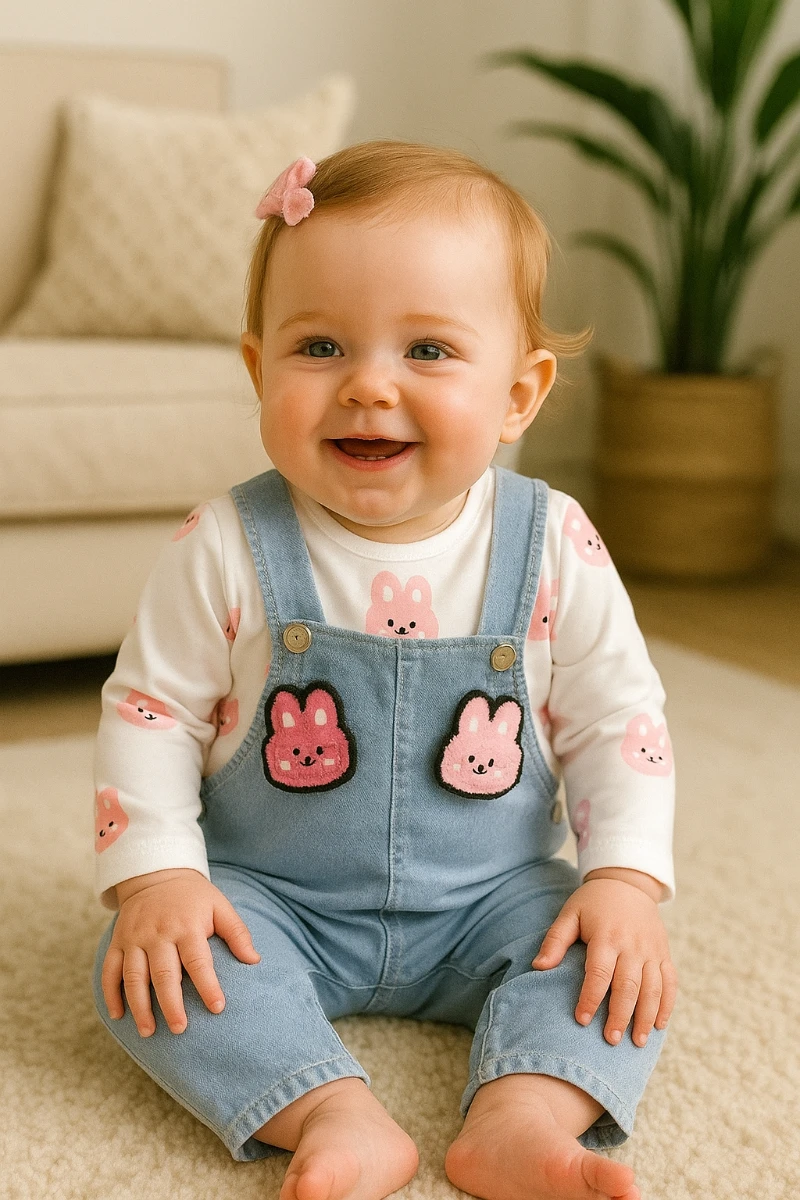 Şirin pembe tavşan suratlar baskılı mevsimlik 2 parça salopet set  