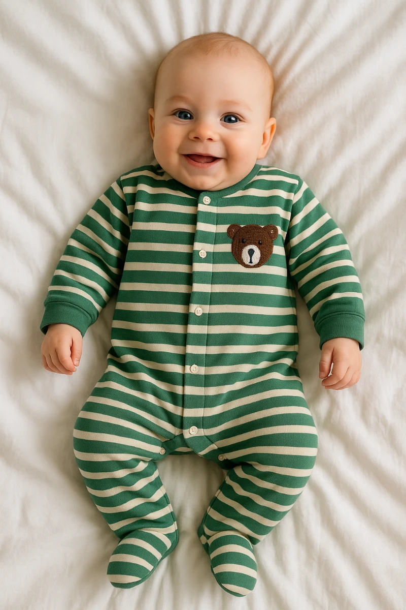 Teddy bear boydan çıtçıtlı ayaklı çizgili mevsimlik bebe tulum 