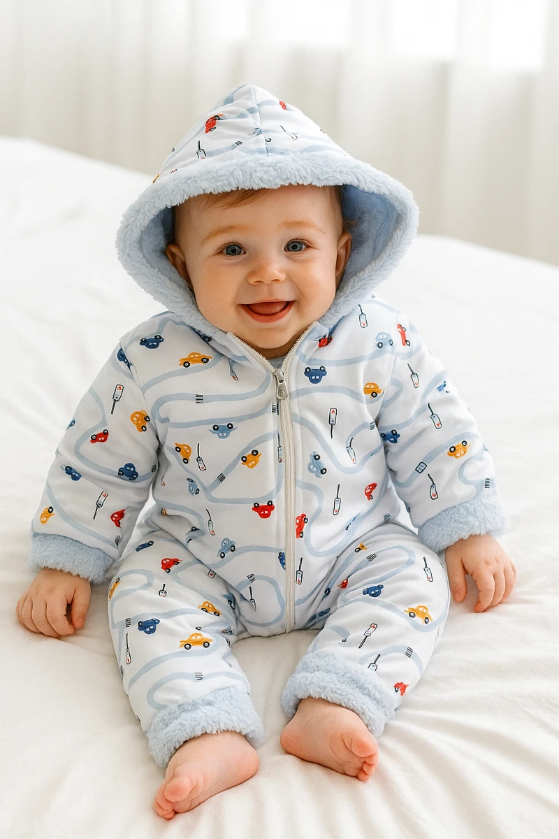 Yollar ve arabalar baskılı boydan fermuarlı içi kürklü kışlık welsoft tulum 