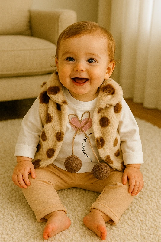 Büyük benekli tüylü yelekli ponpon ip baglamalı kışlık 3 parça takım