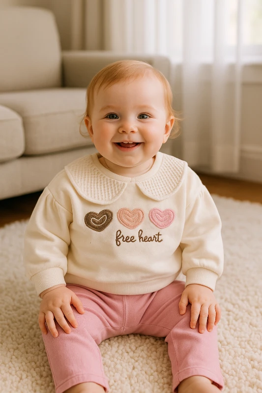 Free heart nakışlı file bebe yaka detaylı kadife kumaş kışlık 2 parça takım