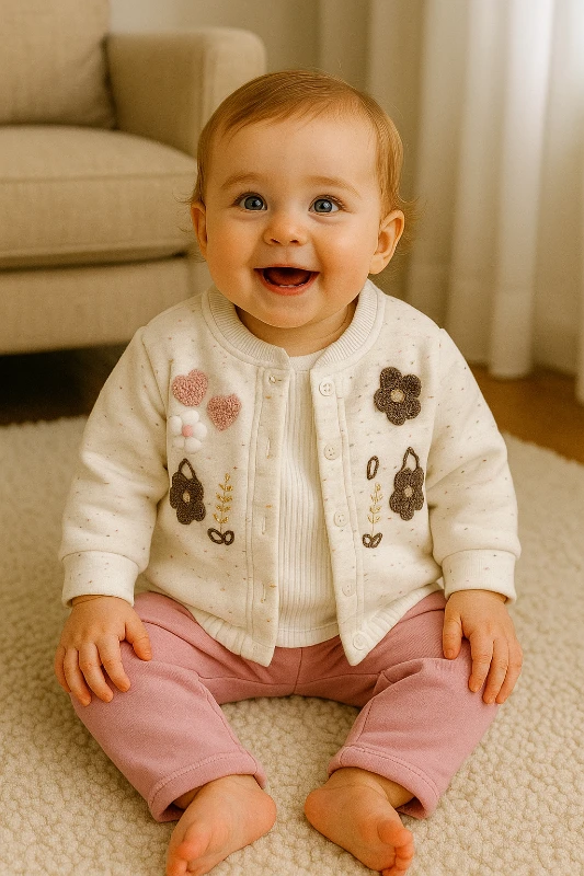 Papatya çiçek kabartmalı taşlı düğme detaylı beli büzgü hırkalı kışlık 3 parça takım