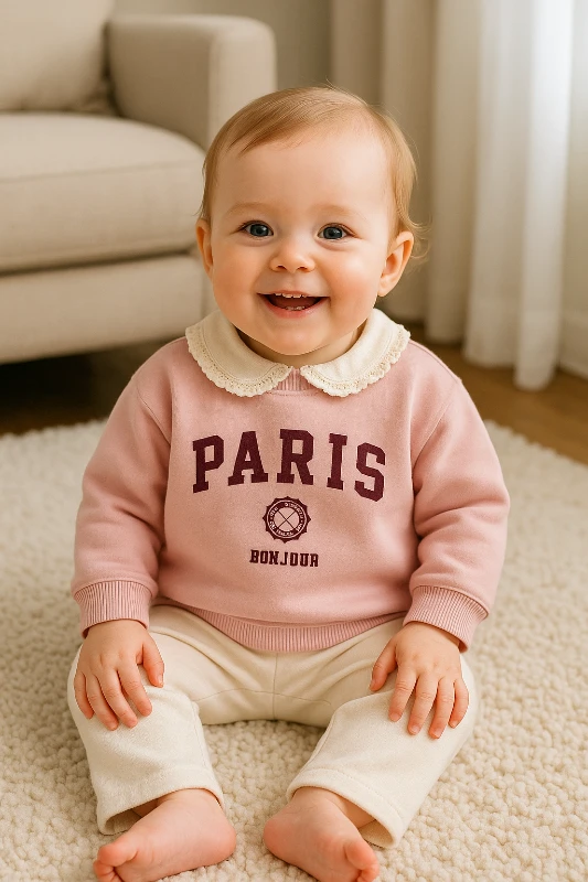 Paris bonjour baskılı yaka detaylı şardonlu kışlık 2 parça takım