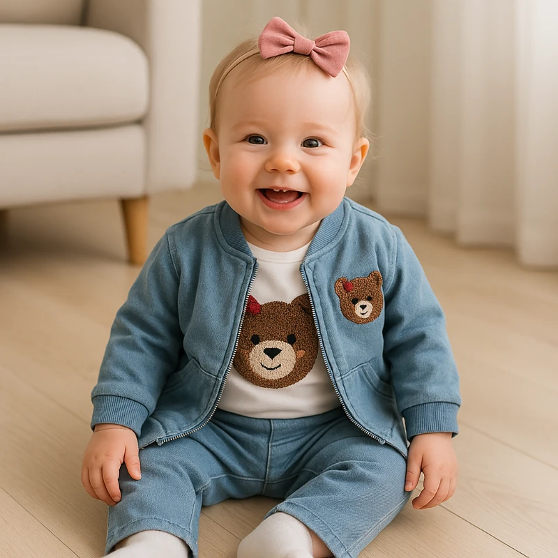 Pembe fiyonklu ayıcık nakışlı fermuar hırkalı mevsimlik 3 parça takım