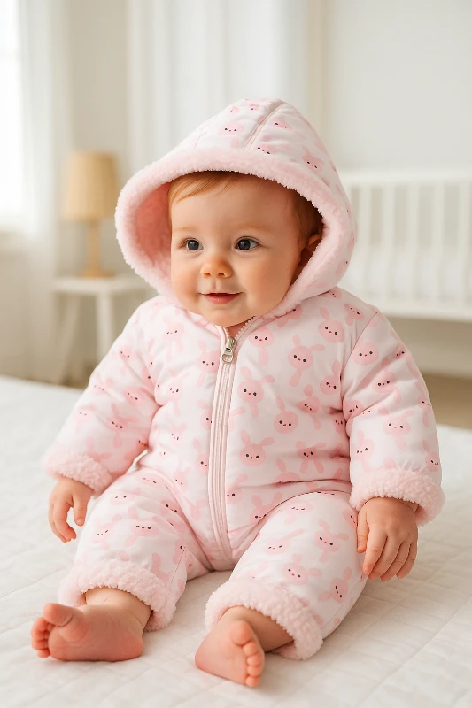 Pembe tavşanlar baskılı boydan fermuarlı içi kürklü kışlık welsoft tulum