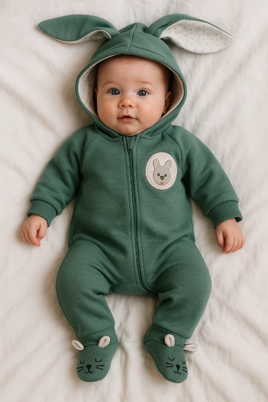 Puantiyeli tavşan armalı kapüşonlu ayaklı boydan fermuarlı kışlık tulum