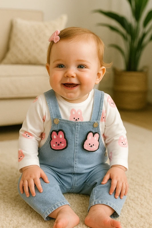 Şirin pembe tavşan suratlar baskılı mevsimlik 2 parça salopet set 