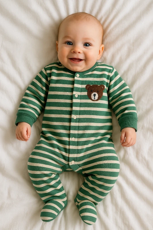 Teddy bear boydan çıtçıtlı ayaklı çizgili mevsimlik bebe tulum 