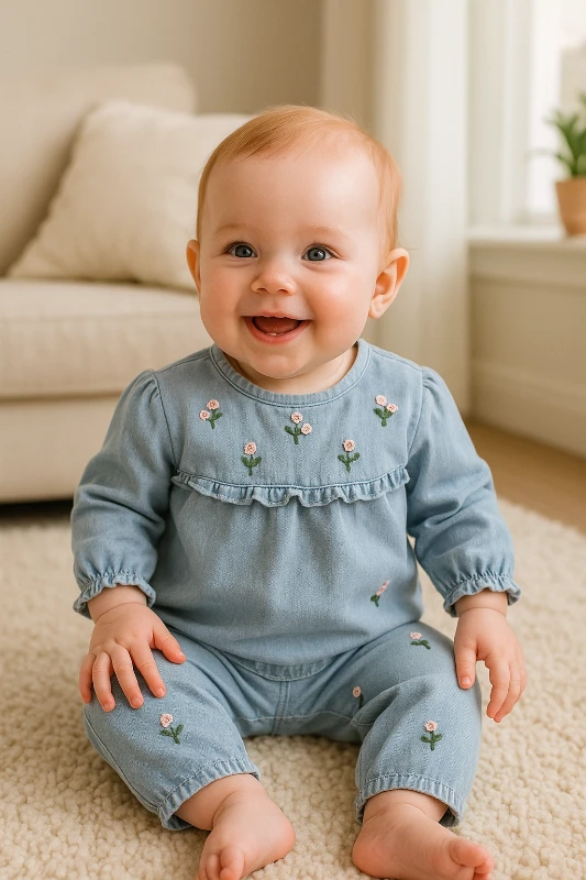 Yakada ve pantolonda pembe çiçekler nakışlı arkadan çıtçıtlı mevsimlik 2 parça takım