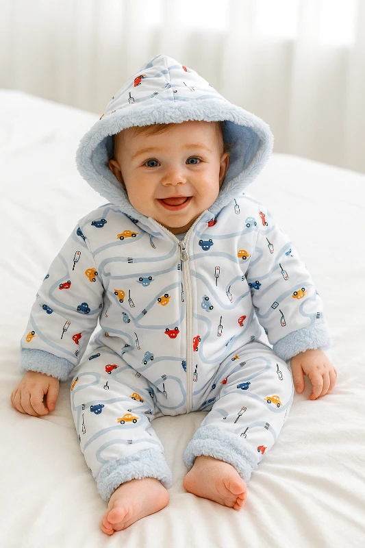 Yollar ve arabalar baskılı boydan fermuarlı içi kürklü kışlık welsoft tulum