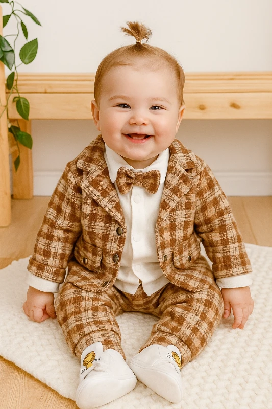 Kare desen ceket görünüm hırkalı bayramlık çıkarılabilir papyonlu mevsimlik 3 lü takım 