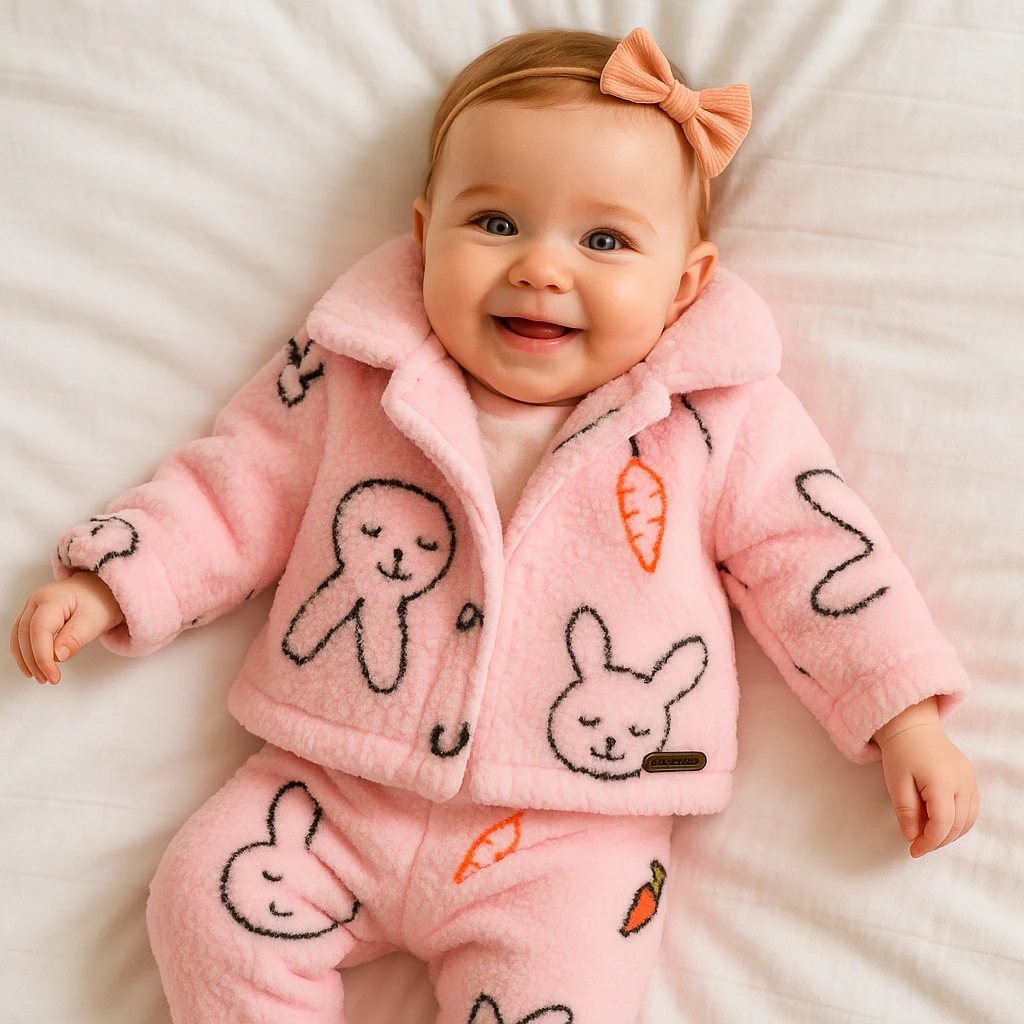 Gülen tavşan ve havuç baskılı uzun kol çıtçıt badili peluş kışlık 3 parça takım