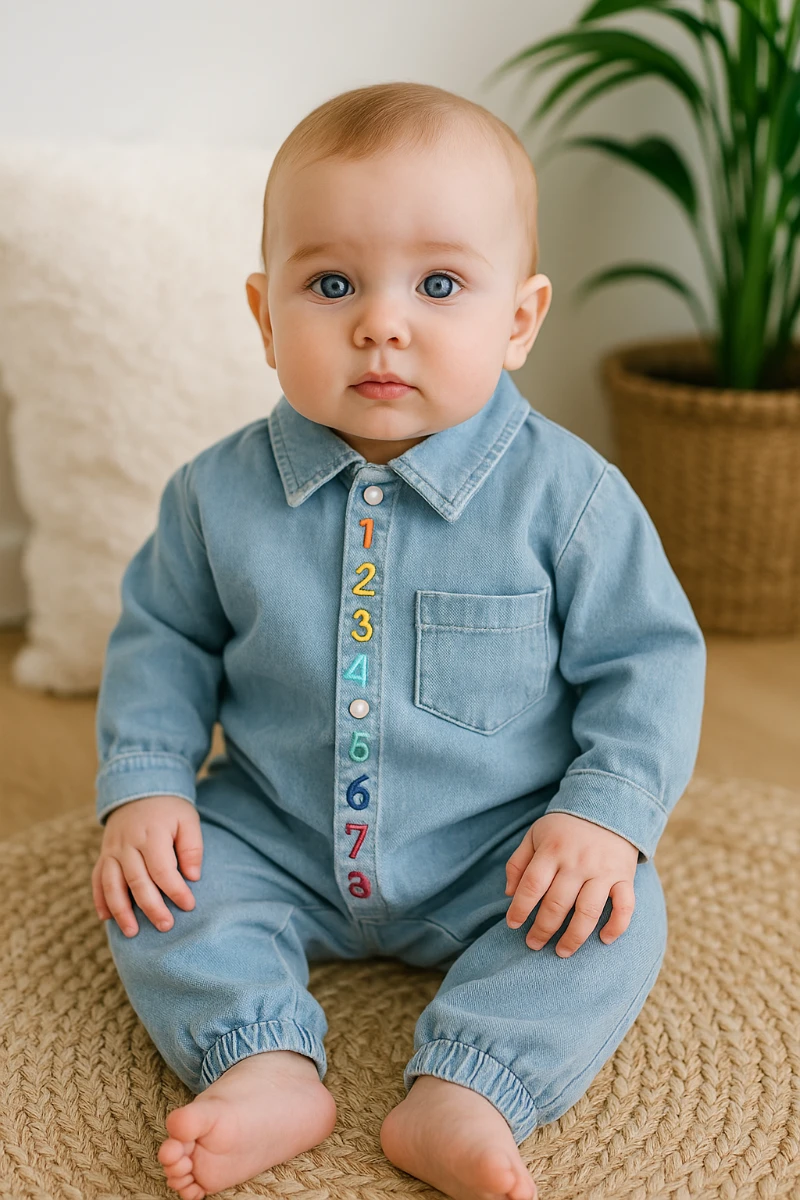 Renkli sayılar nakışlı önden çıtçıt düğmeli mevsimlik kot kumaş 2 parça takım 