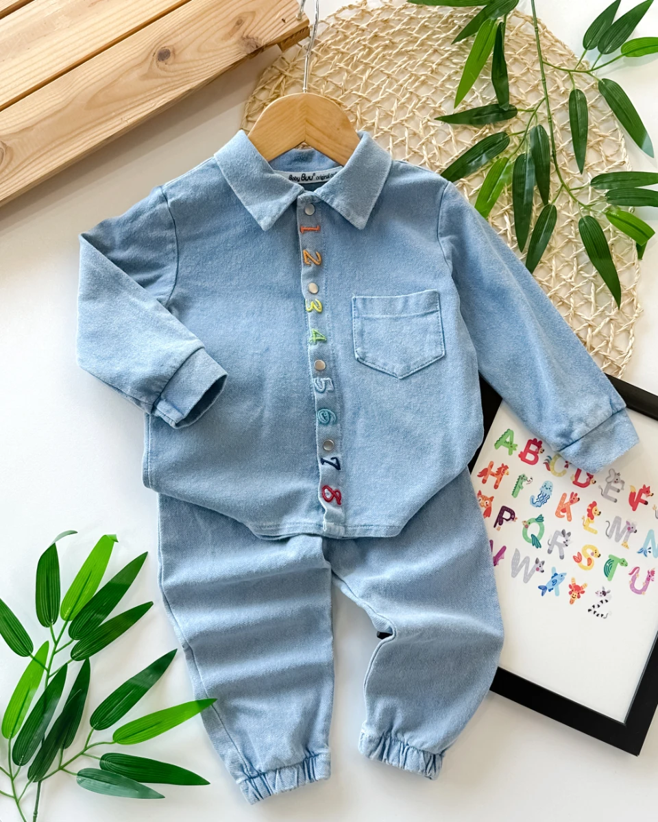 Renkli sayılar nakışlı önden çıtçıt düğmeli mevsimlik kot kumaş 2 parça takım