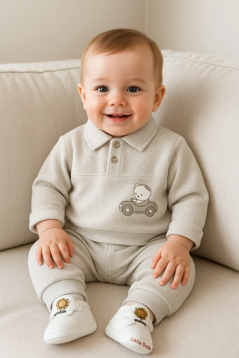 Arabalı ayıcık baskılı gömlek yaka ahşap düğmeli mevsimlik 2 parça takım