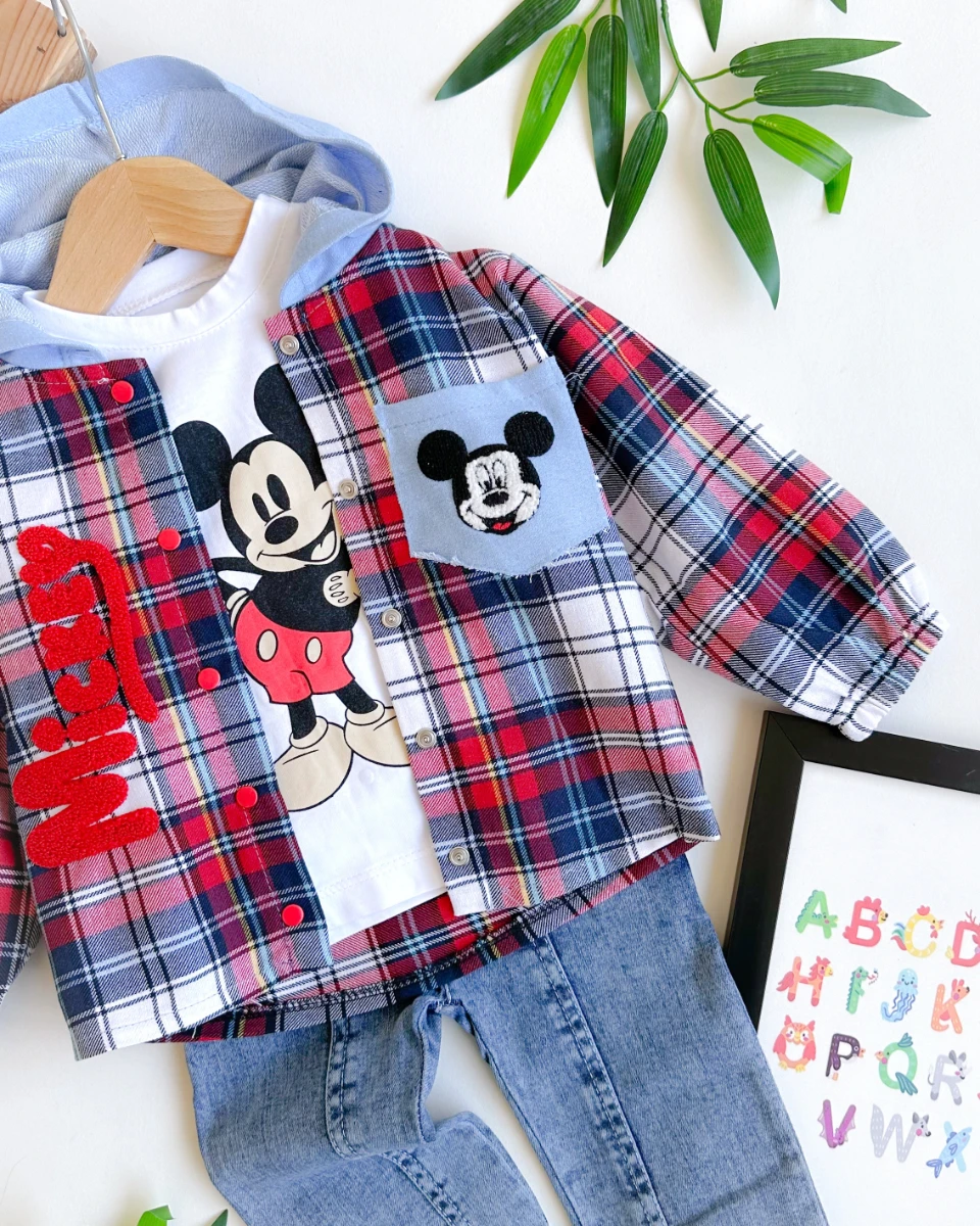 Cepte fare punch çıtçıt gömlekli kapüşonlu mevsimlik 3 parça takım