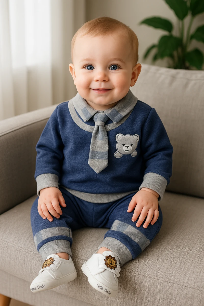 Çıkarılabilir kravatlı sevimli ayıcık nakışlı sahte gömlek görünümlü mevsimlik 3 parça takım