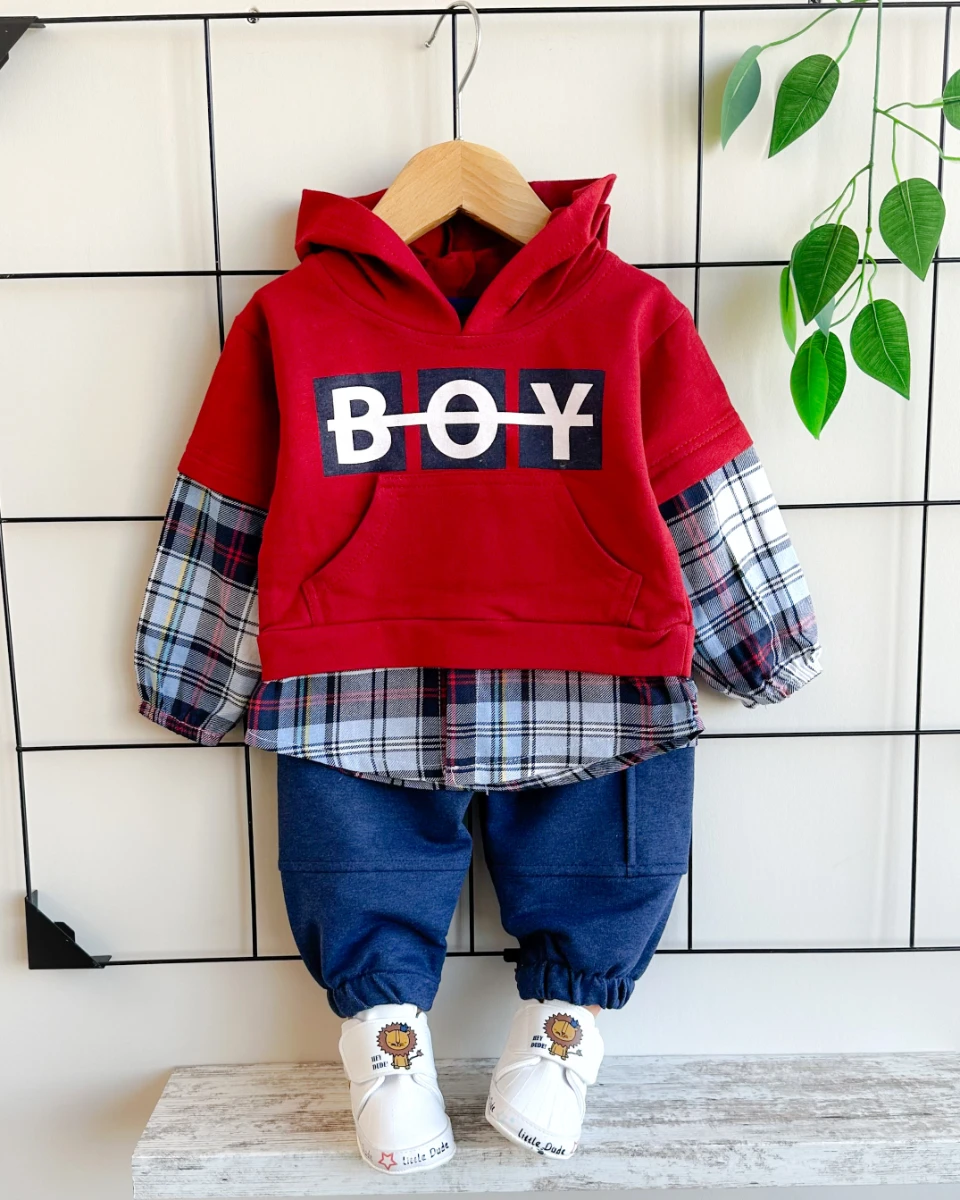 Sahte ekose gömlek detaylı kanguru cepli kapüşonlu mevsimlik 2 parça takım