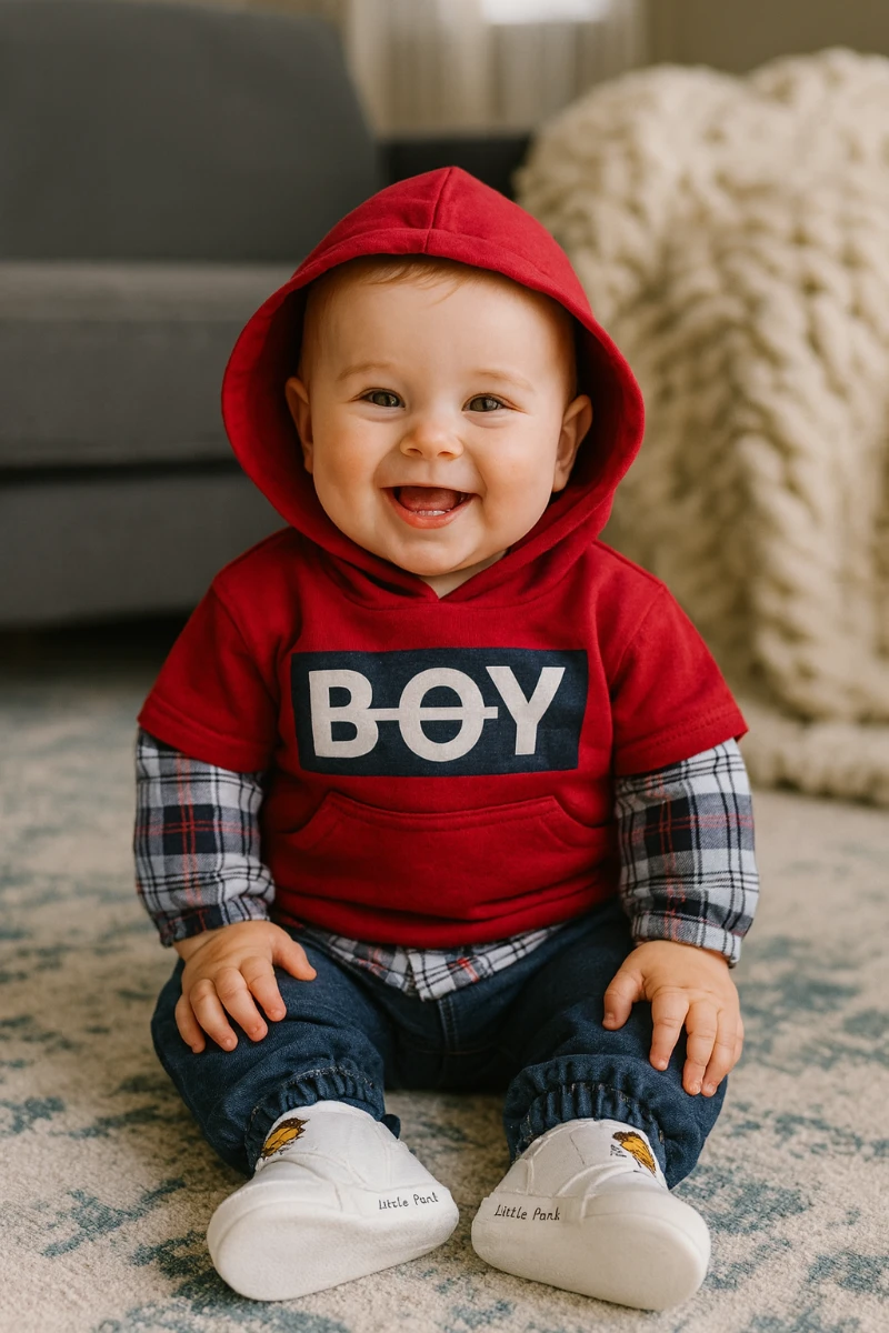 Sahte ekose gömlek detaylı kanguru cepli kapüşonlu mevsimlik 2 parça takım