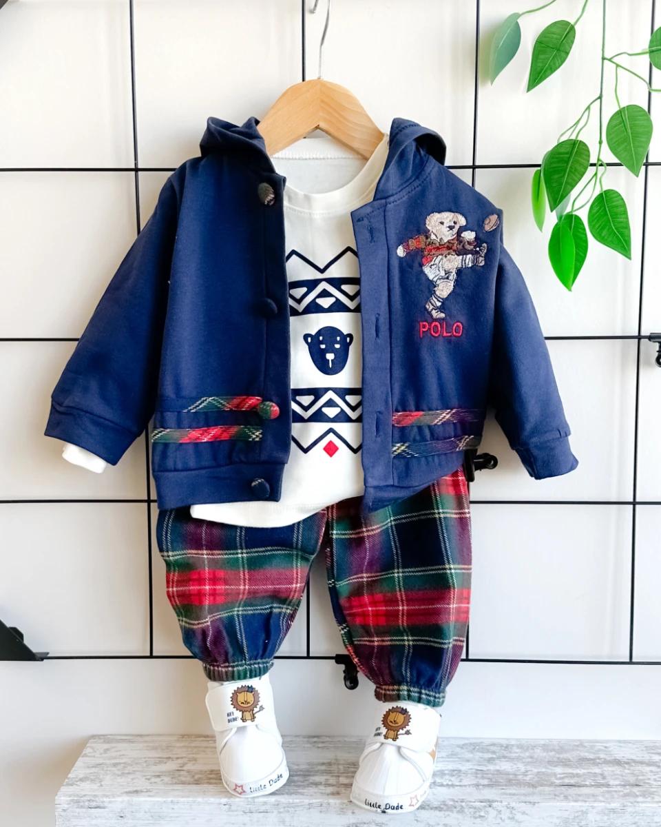 Sporcu ayıcık nakışlı ekose desen pantolonlu mevsimlik 3 parça takım