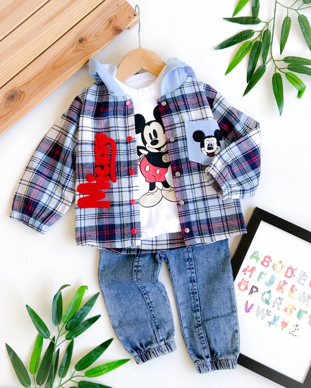 Cepte fare punch çıtçıt gömlekli kapüşonlu mevsimlik 3 parça takım