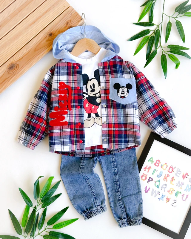 Cepte fare punch çıtçıt gömlekli kapüşonlu mevsimlik 3 parça takım