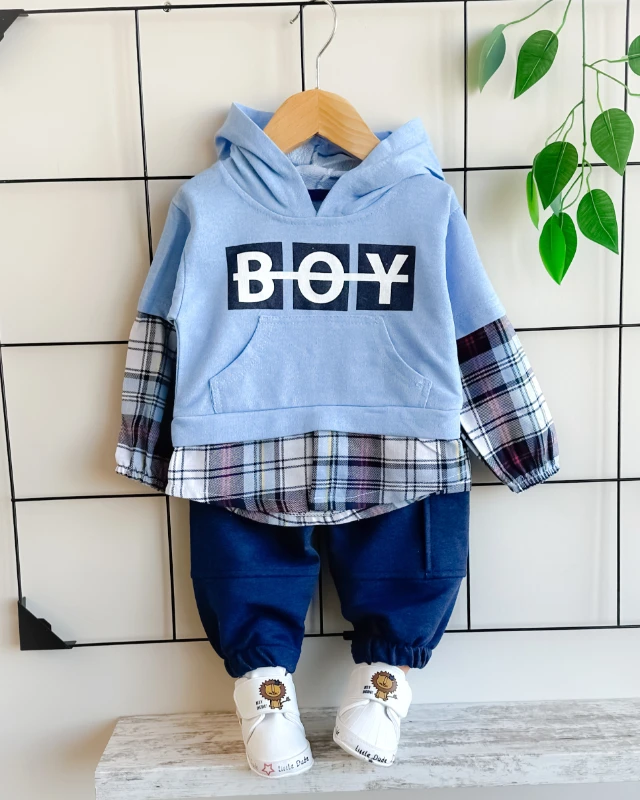 Sahte ekose gömlek detaylı kanguru cepli kapüşonlu mevsimlik 2 parça takım