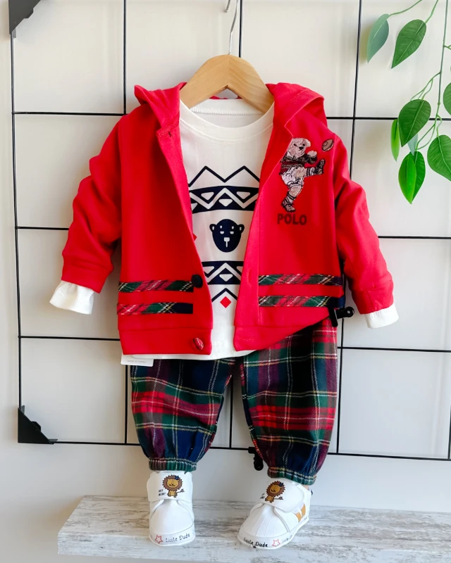 Sporcu ayıcık nakışlı ekose desen pantolonlu mevsimlik 3 parça takım