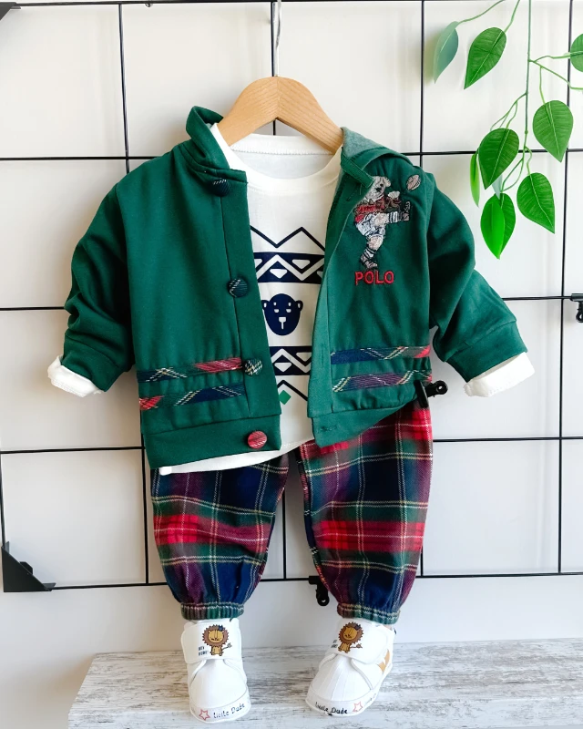 Sporcu ayıcık nakışlı ekose desen pantolonlu mevsimlik 3 parça takım