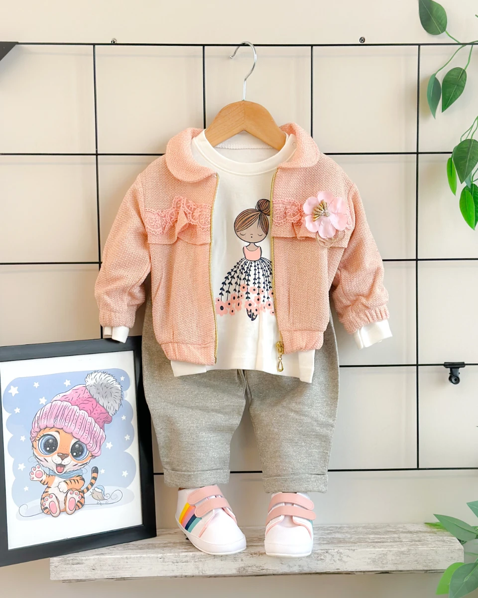 Çiçek broşlu simli bebe yaka hırkalı mevsimlik 3 parça takım